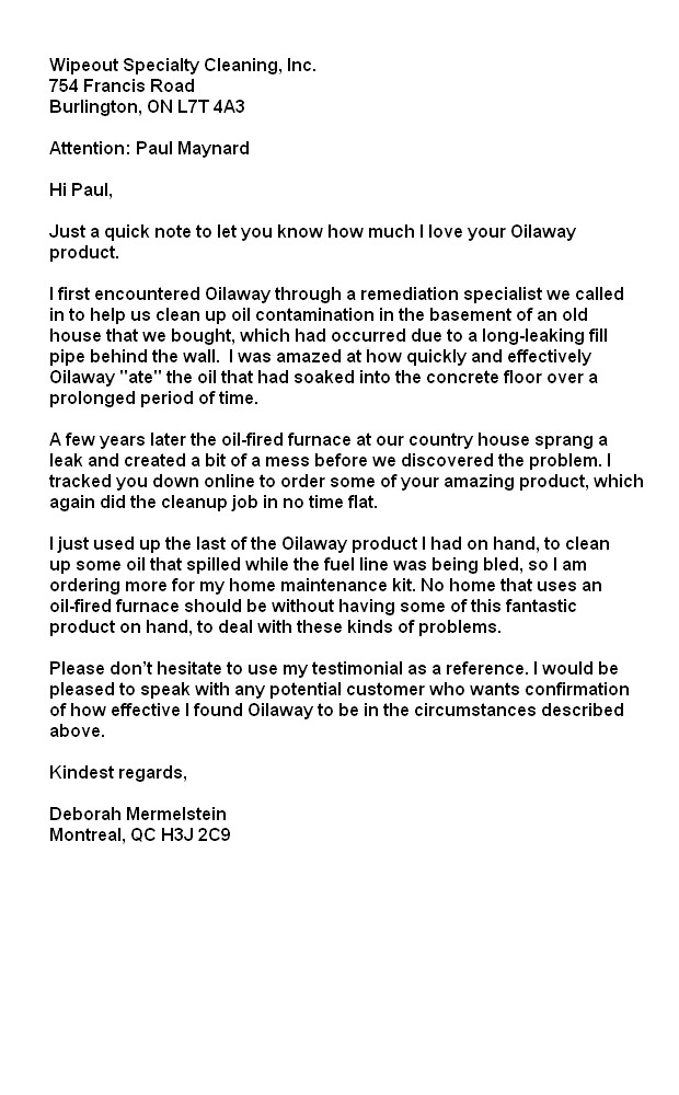 Oil Away Recommendation Oil Away Recommendation Letter